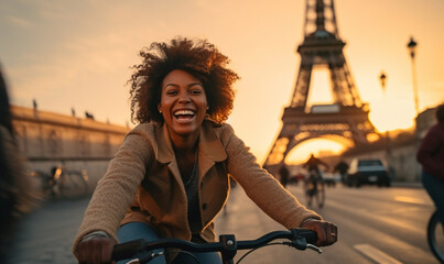 Cheerful Happy young black woman riding bicycle in Paris near the Eiffel Tower, Travel to Europe, Famous popular tourist place in world.	 - obrazy, fototapety, plakaty