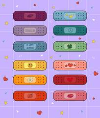 Band aid vector illustrations set. Colourful groovy patches. Motivational positive stickers. Template