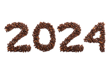 Calendar header number 2024 made from coffee beans on a white background. Happy New Year 2024...