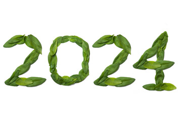 Calendar header number 2024 made from spinach leaves on a white background. Happy New Year 2024 colorful background.