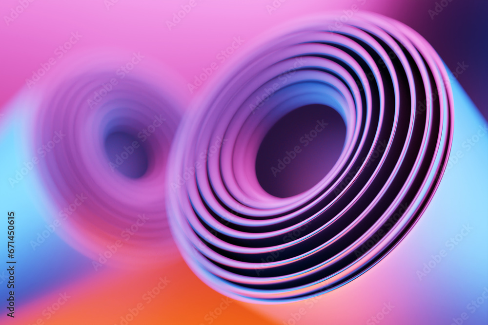 Poster 3d render geometric background. abstract colorful glowing pink cylinders. mockup with empty space fo