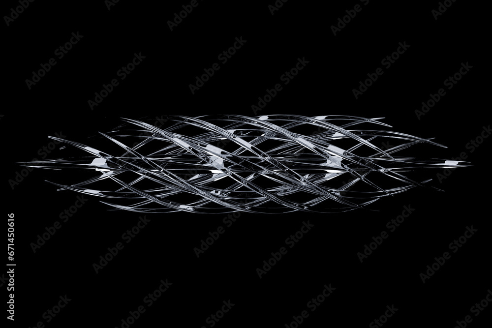 Poster abstract dynamic droplet shape with silver smooth objects, sides d. 3d illustration and rendering. e