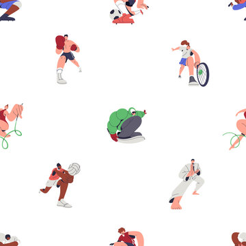 Athletes, seamless pattern. Active people doing different sports activities. Tennis, soccer, boxing, repeating print. Endless background design. Colored flat vector illustration for fabric, textile