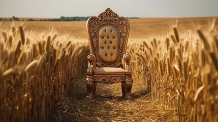 Photo golden royal chair isolated in the middle of a wheat - obrazy, fototapety, plakaty