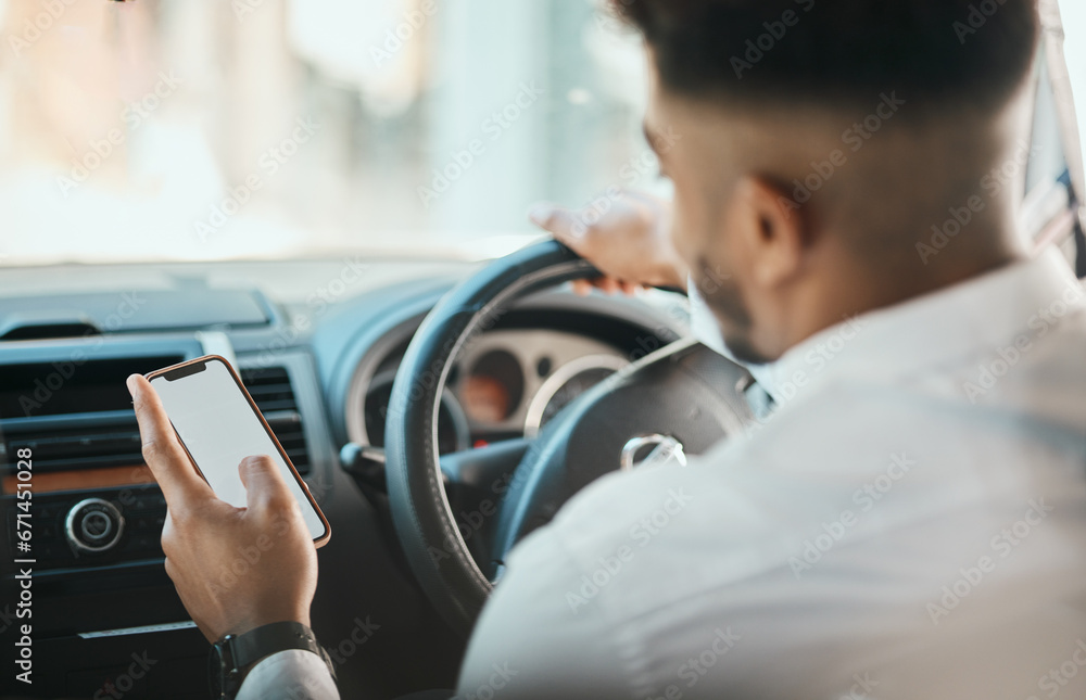 Aufkleber Business man, phone map and driving car on mockup screen to search location on mobile application from the back. Worker, transportation driver or scroll smartphone for direction to travel in journey