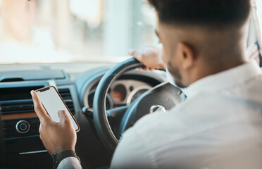 Business man, phone map and driving car on mockup screen to search location on mobile application from the back. Worker, transportation driver or scroll smartphone for direction to travel in journey - Powered by Adobe
