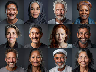 Collage of ethnically different happy people modern portraits, Success, smiling and happiness multicultural faces looking at camera, Human resource society database concept.