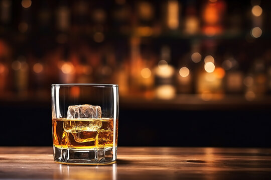 close up of a glas of whiskey on the rocks with blurred Bartender and bar in the back with empty copy space