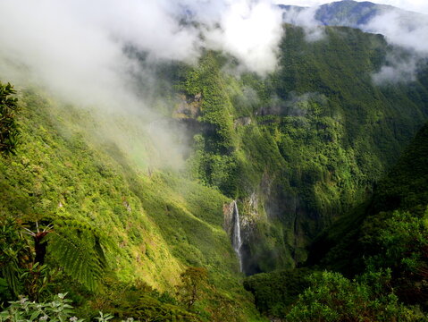 Trou de Fer or Iron hole, the highest french waterfall in the middle of a primary forest of bebour in Reunion island. Mountain and greenery landscape in la R&eacute;union
