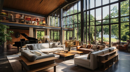 Grand living space adorned with expansive windows.