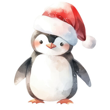 Whimsical Christmas Penguin Watercolor Painting | Cute Santa Hat Bird Art