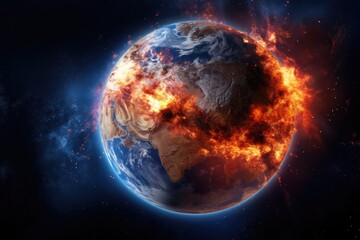 Fire planet burning in space. Global catastrophe concept illustration.