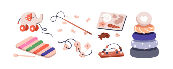 Montessori toys set. Stacking, sorting, matching games and babies fun. Kindergarten, preschool education items for childish play and learn. Kids flat vector illustration isolated on white background