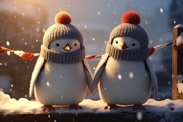 Cartoon penguins. North Pole. Winter. Generative AI
