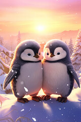 Fototapeta premium Cartoon penguins. North Pole. Winter. Generative AI