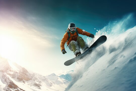 This image captures a snowboarder jumping in the mountains during winter, rendered in 3D. It depicts a scene of extreme winter sports in the mountains.

 Generative AI