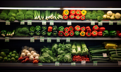 Fresh organic vegetables on a shelf in a supermarket, Shopping tomatoes, pepper peppers, cucumbers in a supermarket, healthy consumerism food concept.