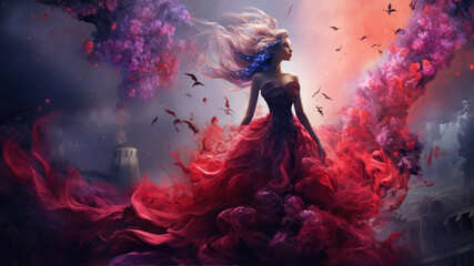 Fantasy image of a beautiful girl in a long red dress surrounded by smoke.
