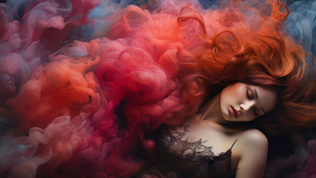 Fashion portrait of a beautiful woman with red hair and smoke.
