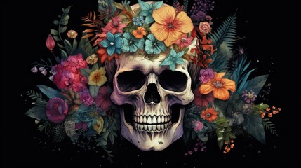 Photo skull isolated filled colorful flowers background tropical