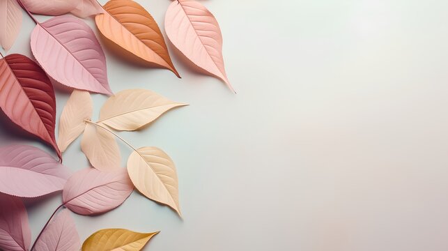 Fototapeta Leaves background in Aesthetic minimalism style. Soft pastel, neutral colors and beige elements for social media. Elegant premium design with minimal style. Touch of sophistication to any project.
