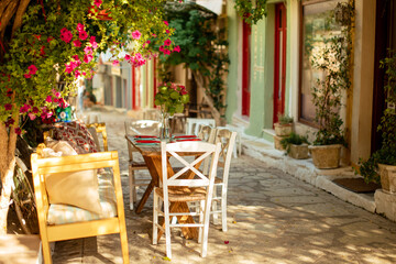A cute street with cafes and taverns in Preveza, Greece