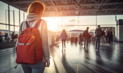 Young woman travel at airport with backpack, Female  walking at the gate at the terminal waiting for her flight in boarding lounge, People traveler enjoy trip and holiday.