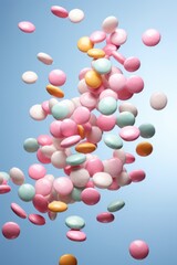 Sweety colors candies fly in the air on pastel background.