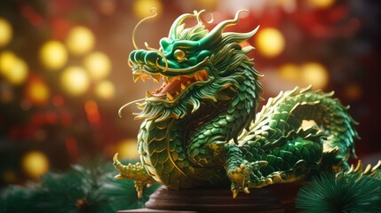 Fototapeta premium Green wooden Chinese dragon Symbol of 2024