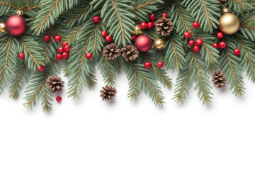 Fototapeta na wymiar Festive Christmas border, isolated on white background. Fir green branches are decorated with gold stars, fir cones and red berries, banner format