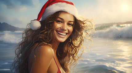 Smiling girl in santa claus hat on ocean beach