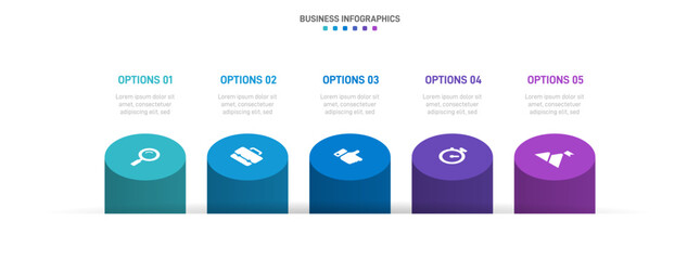 Timeline infographic with infochart. Modern presentation template with 5 spets for business process. Website template on white background for concept modern design. Horizontal layout.