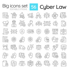 2D editable black big thin line icons set representing cyber law, isolated simple vector, linear illustration.