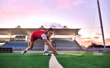 Sports, hockey and woman in stadium training for game, match or competition. Fitness, healthcare...