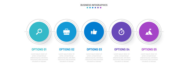 Timeline infographic with infochart. Modern presentation template with 5 spets for business process. Website template on white background for concept modern design. Horizontal layout.