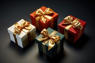 Obraz premium Many gift boxes with bows on dark table. Top view, flat lay.