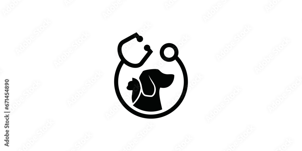 Wall mural dog and cat stethoscope logo design. vector design illustration of dog and cat element symbols with love. pet care white linear style. logo for pets