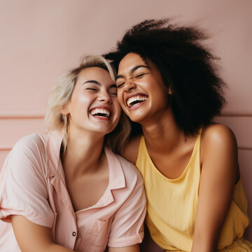 환하게 웃고있는 두 여성친구, 모델친구