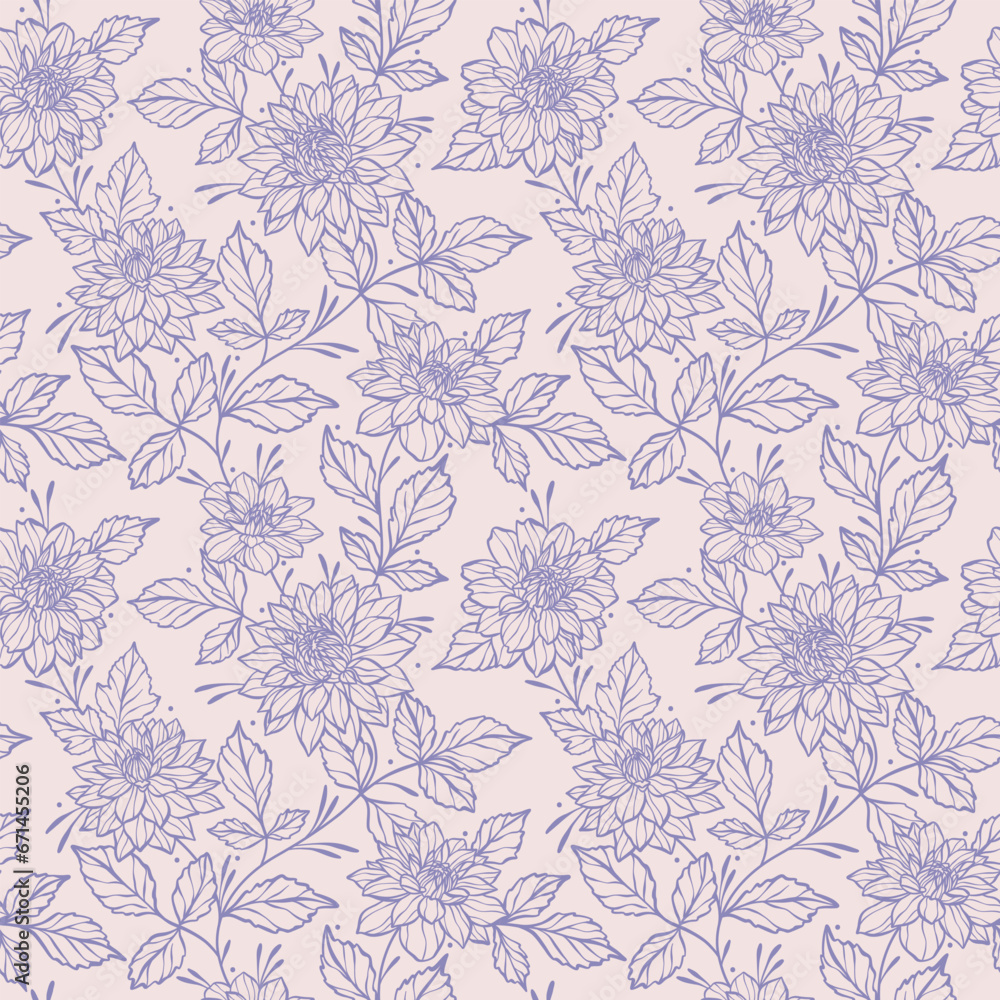 Poster bicolor pastel floral vector seamless repeat pattern with dahlia illustrations, spring background. e