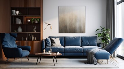 Dark blue sofa and recliner chair in scandinavian apartment. Interior design of modern living room 