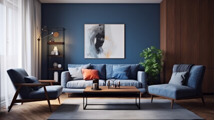 Dark blue sofa and recliner chair in scandinavian apartment. Interior design of modern living room 
