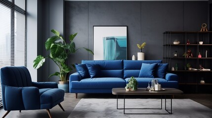 Dark blue sofa and recliner chair in scandinavian apartment. Interior design of modern living room 
