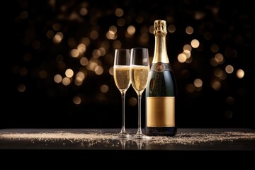 Dark festive glass and bottle of champagne on bokeh background