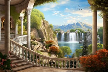 Cascade of mountain waterfalls. Beautiful view of the rotunda from the terrace. Photo wallpapers, Generative AI