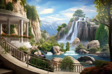 Cascade of mountain waterfalls. Beautiful view of the rotunda from the terrace. Photo wallpapers, Generative AI - obrazy, fototapety, plakaty