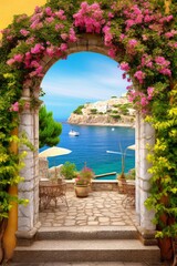 The Mediterranean coast. Arch in flowers. Photo wallpapers. Frescoes. Wallpaper for printing, Generative AI