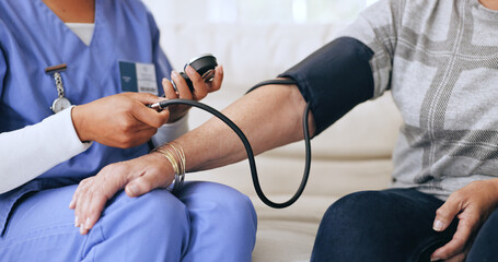 Nurse, patient and blood pressure closeup for reading results, consultation or test pulse. Medical...