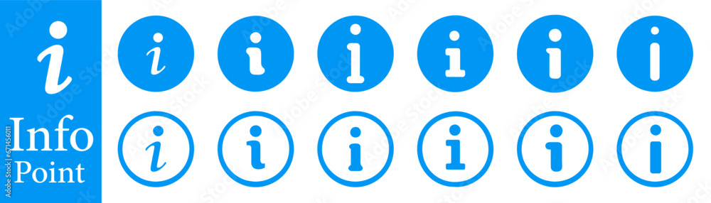 Poster blue info icons collection set. information button flat design style isolated on white background.