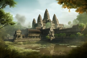 Fototapeta premium Angkor wat temple. Asia ruin monument architecture tourism. Generate Ai