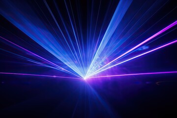 Blue and violet beams of bright laser light shining on black background Generative Ai - obrazy, fototapety, plakaty